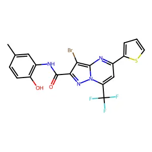 3-bromo-N-(2-hydroxy-5-methylphenyl)-5-(thiophen-2-yl)-7-(trifluoromethyl)pyrazolo[1,5-a]pyrimidine-2-carboxamide structure