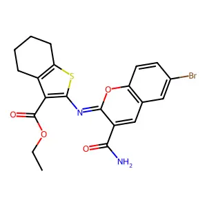 Ethyl 2-[[3-(aminocarbonyl)-6-bromo-2H-1-benzopyran-2-ylidene]amino]-4,5,6,7-tetrahydrobenzo[b]thiophene-3-carboxylate structure
