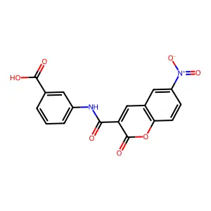 3-[(6-Nitro-2-oxochromene-3-carbonyl)amino]benzoic acid structure