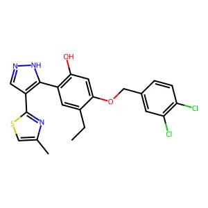 5-[(3,4-dichlorobenzyl)oxy]-4-ethyl-2-[4-(4-methyl-1,3-thiazol-2-yl)-1H-pyrazol-3-yl]phenol structure