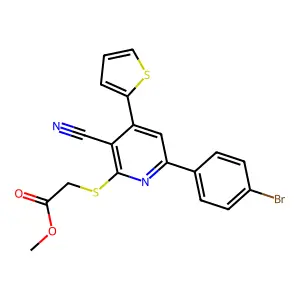 methyl 2-((6-(4-bromophenyl)-3-cyano-4-(thiophen-2-yl)pyridin-2-yl)thio)acetate structure