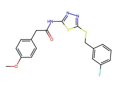 N-(5-((3-fluorobenzyl)thio)-1,3,4-thiadiazol-2-yl)-2-(4-methoxyphenyl)acetamide structure