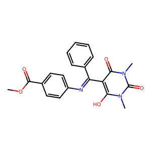 methyl 4-{[(1,3-dimethyl-2,4,6-trioxotetrahydropyrimidin-5(2H)-ylidene)(phenyl)methyl]amino}benzoate structure