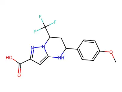 5-(4-methoxyphenyl)-7-(trifluoromethyl)-4,5,6,7-tetrahydropyrazolo[1,5-a]pyrimidine-2-carboxylic acid structure