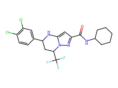 N-cyclohexyl-5-(3,4-dichlorophenyl)-7-(trifluoromethyl)-4,5,6,7-tetrahydropyrazolo[1,5-a]pyrimidine-2-carboxamide structure
