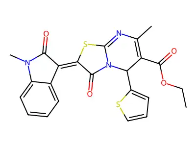 ethyl (2Z)-7-methyl-2-(1-methyl-2-oxo-1,2-dihydro-3H-indol-3-ylidene)-3-oxo-5-(thiophen-2-yl)-2,3-dihydro-5H-[1,3]thiazolo[3,2-a]pyrimidine-6-carboxylate structure