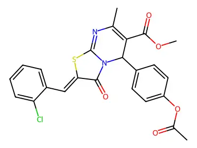 methyl (2Z)-5-(4-acetyloxyphenyl)-2-[(2-chlorophenyl)methylidene]-7-methyl-3-oxo-5H-[1,3]thiazolo[3,2-a]pyrimidine-6-carboxylate structure