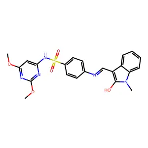 N-(2,6-dimethoxypyrimidin-4-yl)-4-[[(E)-(1-methyl-2-oxoindol-3-ylidene)methyl]amino]benzenesulfonamide structure