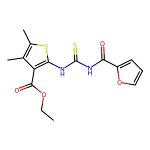Ethyl 2-(3-(furan-2-carbonyl)thioureido)-4,5-dimethylthiophene-3-carboxylate structure