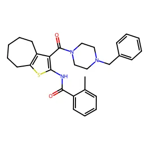 N-[3-(4-benzylpiperazine-1-carbonyl)-5,6,7,8-tetrahydro-4H-cyclohepta[b]thiophen-2-yl]-2-methylbenzamide structure