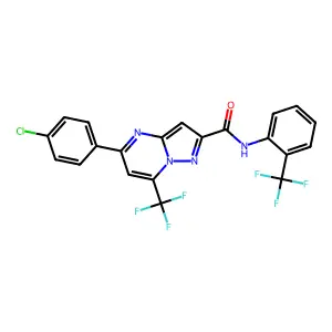5-(4-chlorophenyl)-7-(trifluoromethyl)-N-[2-(trifluoromethyl)phenyl]pyrazolo[1,5-a]pyrimidine-2-carboxamide structure