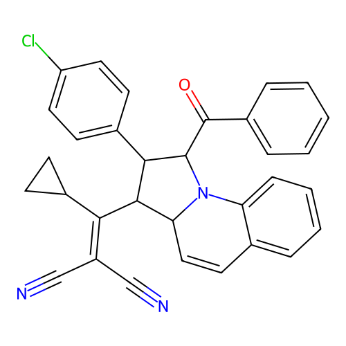 2-((1-benzoyl-2-(4-chlorophenyl)-1,2,3,3a-tetrahydropyrrolo[1,2-a]quinolin-3-yl)(cyclopropyl)methylene)malononitrile structure