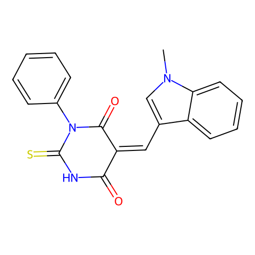 (Z)-5-((1-methyl-1H-indol-3-yl)methylene)-1-phenyl-2-thioxodihydropyrimidine-4,6(1H,5H)-dione structure