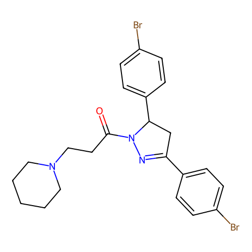 1-[3,5-bis(4-bromophenyl)-4,5-dihydro-1H-pyrazol-1-yl]-3-(piperidin-1-yl)propan-1-one structure
