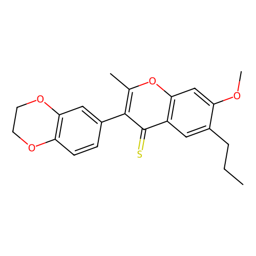 3-(2,3-dihydro-1,4-benzodioxin-6-yl)-7-methoxy-2-methyl-6-propyl-4H-chromene-4-thione structure