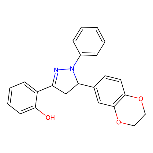 2-(5-(2,3-dihydrobenzo[b][1,4]dioxin-6-yl)-1-phenyl-4,5-dihydro-1H-pyrazol-3-yl)phenol structure