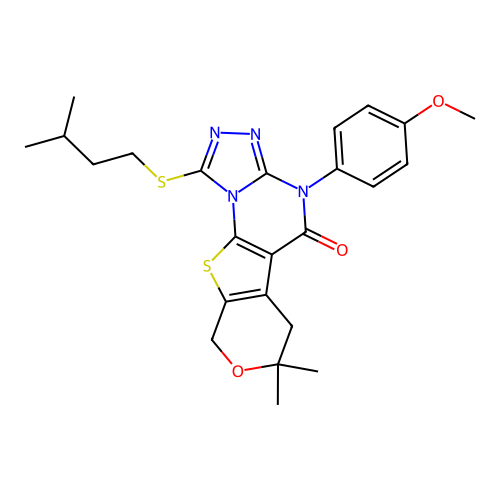 1-(isopentylthio)-4-(4-methoxyphenyl)-7,7-dimethyl-6,7-dihydro-4H-pyrano[4',3':4,5]thieno[3,2-e][1,2,4]triazolo[4,3-a]pyrimidin-5(9H)-one structure