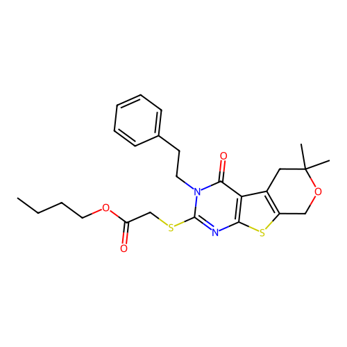 butyl {[6,6-dimethyl-4-oxo-3-(2-phenylethyl)-3,5,6,8-tetrahydro-4H-pyrano[4',3':4,5]thieno[2,3-d]pyrimidin-2-yl]sulfanyl}acetate structure