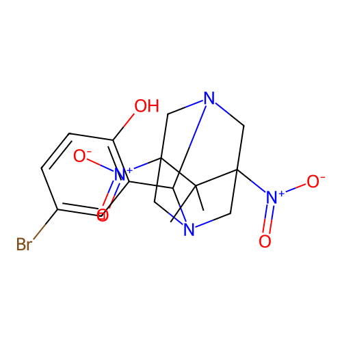 4-bromo-2-((1R,3S,5s,7s)-6,6-dimethyl-5,7-dinitro-1,3-diazaadamantan-2-yl)phenol structure
