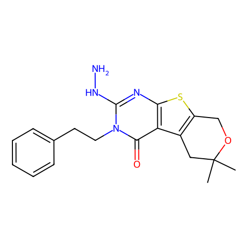 2-HYDRAZINO-6,6-DIMETHYL-3-PHENETHYL-3,5,6,8-TETRAHYDRO-4H-PYRANO[4',3':4,5]THIENO[2,3-D]PYRIMIDIN-4-ONE structure