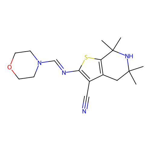 (E)-5,5,7,7-tetramethyl-2-((morpholinomethylene)amino)-4,5,6,7-tetrahydrothieno[2,3-c]pyridine-3-carbonitrile structure
