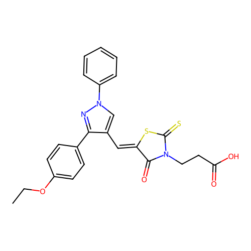 3-[(5Z)-5-{[3-(4-ethoxyphenyl)-1-phenyl-1H-pyrazol-4-yl]methylidene}-4-oxo-2-thioxo-1,3-thiazolidin-3-yl]propanoic acid structure