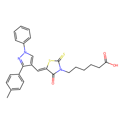 6-[(5Z)-5-{[3-(4-methylphenyl)-1-phenyl-1H-pyrazol-4-yl]methylidene}-4-oxo-2-thioxo-1,3-thiazolidin-3-yl]hexanoic acid structure