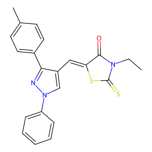 (5Z)-3-ethyl-5-{[3-(4-methylphenyl)-1-phenyl-1H-pyrazol-4-yl]methylidene}-2-thioxo-1,3-thiazolidin-4-one structure