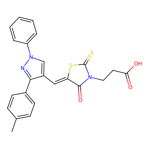 3-[(5Z)-5-{[3-(4-methylphenyl)-1-phenyl-1H-pyrazol-4-yl]methylidene}-4-oxo-2-thioxo-1,3-thiazolidin-3-yl]propanoic acid structure