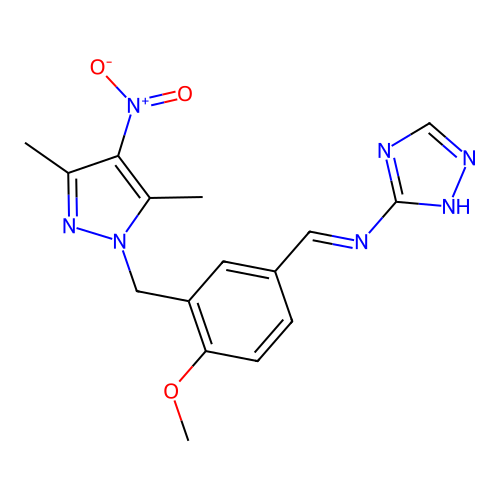 1-[3-[(3,5-dimethyl-4-nitropyrazol-1-yl)methyl]-4-methoxyphenyl]-N-(1H-1,2,4-triazol-5-yl)methanimine structure