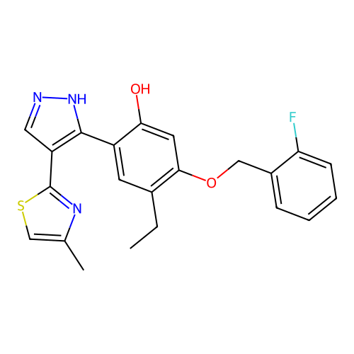 4-ethyl-5-((2-fluorobenzyl)oxy)-2-(4-(4-methylthiazol-2-yl)-1H-pyrazol-3-yl)phenol structure