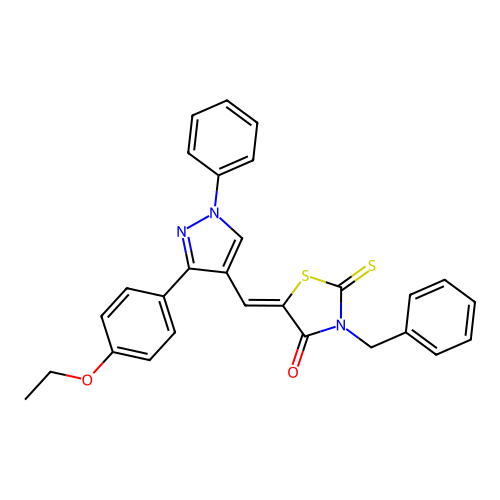 (5Z)-3-benzyl-5-{[3-(4-ethoxyphenyl)-1-phenyl-1H-pyrazol-4-yl]methylidene}-2-thioxo-1,3-thiazolidin-4-one structure