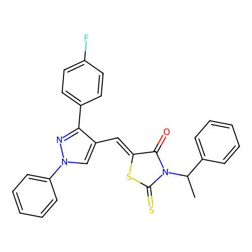 (5Z)-5-{[3-(4-fluorophenyl)-1-phenyl-1H-pyrazol-4-yl]methylidene}-3-(1-phenylethyl)-2-thioxo-1,3-thiazolidin-4-one structure