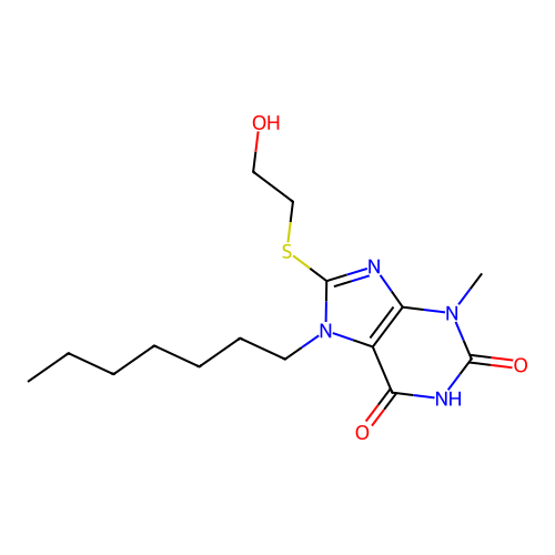 7-heptyl-8-[(2-hydroxyethyl)sulfanyl]-3-methyl-3,7-dihydro-1H-purine-2,6-dione structure