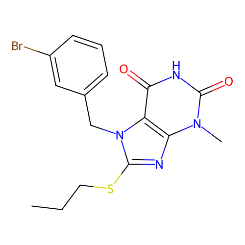 7-(3-bromobenzyl)-3-methyl-8-(propylsulfanyl)-3,7-dihydro-1H-purine-2,6-dione structure