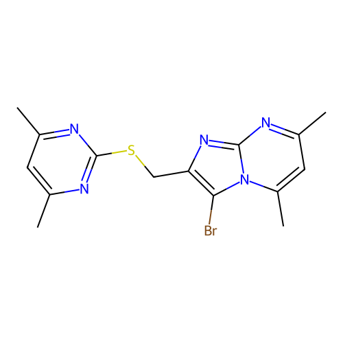 3-bromo-2-(((4,6-dimethylpyrimidin-2-yl)thio)methyl)-5,7-dimethylimidazo[1,2-a]pyrimidine structure