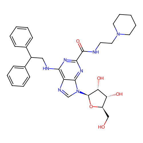 9-((2R,3R,4S,5R)-3,4-Dihydroxy-5-(hydroxymethyl)tetrahydrofuran-2-yl)-6-((2,2-diphenylethyl)amino)-N-(2-(piperidin-1-yl)ethyl)-9H-purine-2-carboxamide structure