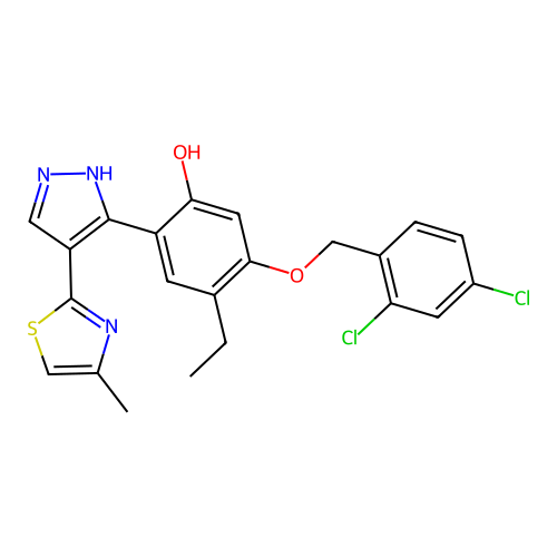 5-((2,4-dichlorobenzyl)oxy)-4-ethyl-2-(4-(4-methylthiazol-2-yl)-1H-pyrazol-3-yl)phenol structure
