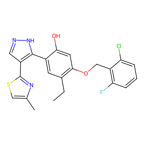 (6Z)-3-[(2-chloro-6-fluorophenyl)methoxy]-4-ethyl-6-[4-(4-methyl-1,3-thiazol-2-yl)-1,2-dihydropyrazol-3-ylidene]cyclohexa-2,4-dien-1-one structure