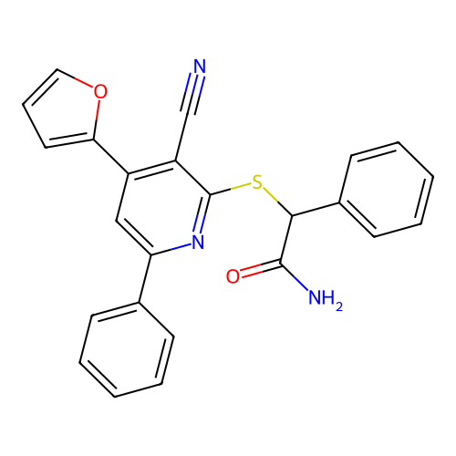 2-{[3-Cyano-4-(furan-2-yl)-6-phenylpyridin-2-yl]sulfanyl}-2-phenylacetamide structure