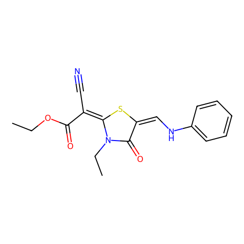 Ethyl 2-cyano-2-{3-ethyl-4-oxo-5-[(phenylamino)methylidene]-1,3-thiazolidin-2-ylidene}acetate structure