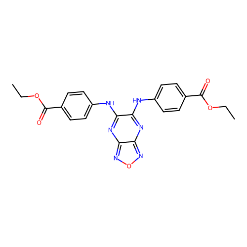 Diethyl 4,4'-([1,2,5]oxadiazolo[3,4-b]pyrazine-5,6-diylbis(azanediyl))dibenzoate structure