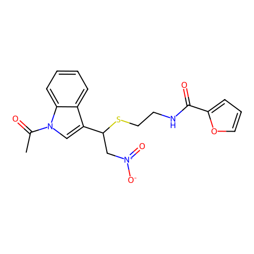 N-(2-((1-(1-acetyl-1H-indol-3-yl)-2-nitroethyl)thio)ethyl)furan-2-carboxamide structure