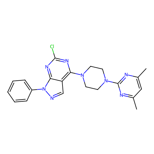 4-[4-(4,6-dimethylpyrimidin-2-yl)piperazinyl]-6-chloro-1-phenylpyrazolo[5,4-d] pyrimidine structure