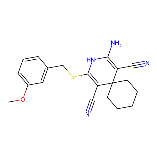 2-amino-4-((3-methoxybenzyl)thio)-3-azaspiro[5.5]undeca-1,4-diene-1,5-dicarbonitrile structure