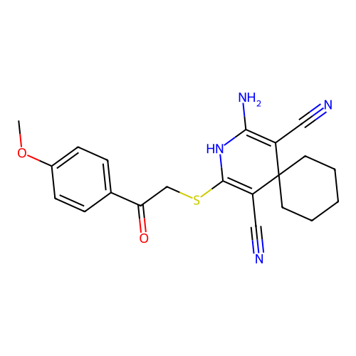 2-amino-4-{[2-(4-methoxyphenyl)-2-oxoethyl]sulfanyl}-3-azaspiro[5.5]undeca-1,4-diene-1,5-dicarbonitrile structure