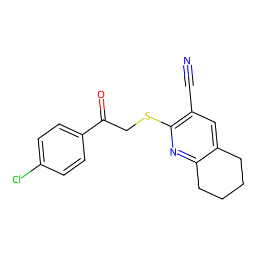 2-{[2-(4-chlorophenyl)-2-oxoethyl]sulfanyl}-5,6,7,8-tetrahydroquinoline-3-carbonitrile structure