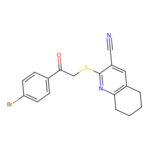 2-{[2-(4-bromophenyl)-2-oxoethyl]sulfanyl}-5,6,7,8-tetrahydroquinoline-3-carbonitrile structure