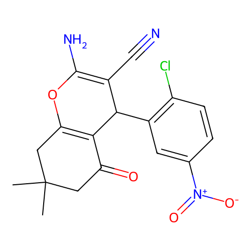2-amino-4-(2-chloro-5-nitrophenyl)-7,7-dimethyl-5-oxo-5,6,7,8-tetrahydro-4H-chromene-3-carbonitrile structure