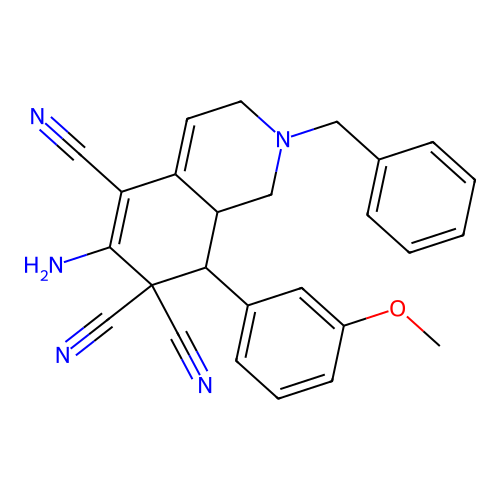 6-amino-2-benzyl-8-(3-methoxyphenyl)-2,3,8,8a-tetrahydroisoquinoline-5,7,7(1H)-tricarbonitrile structure